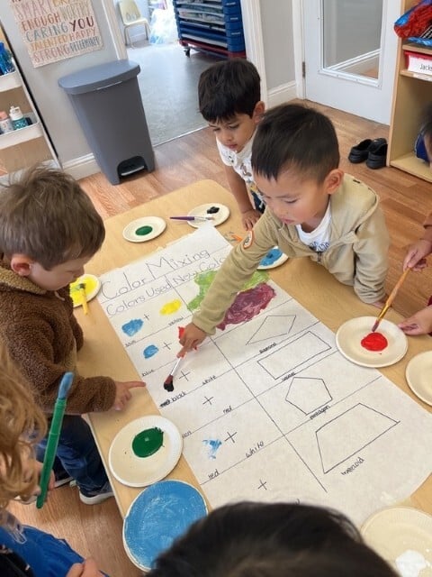 Preschoolers learning color theory through hands-on mixing experiment at Kids Konnect